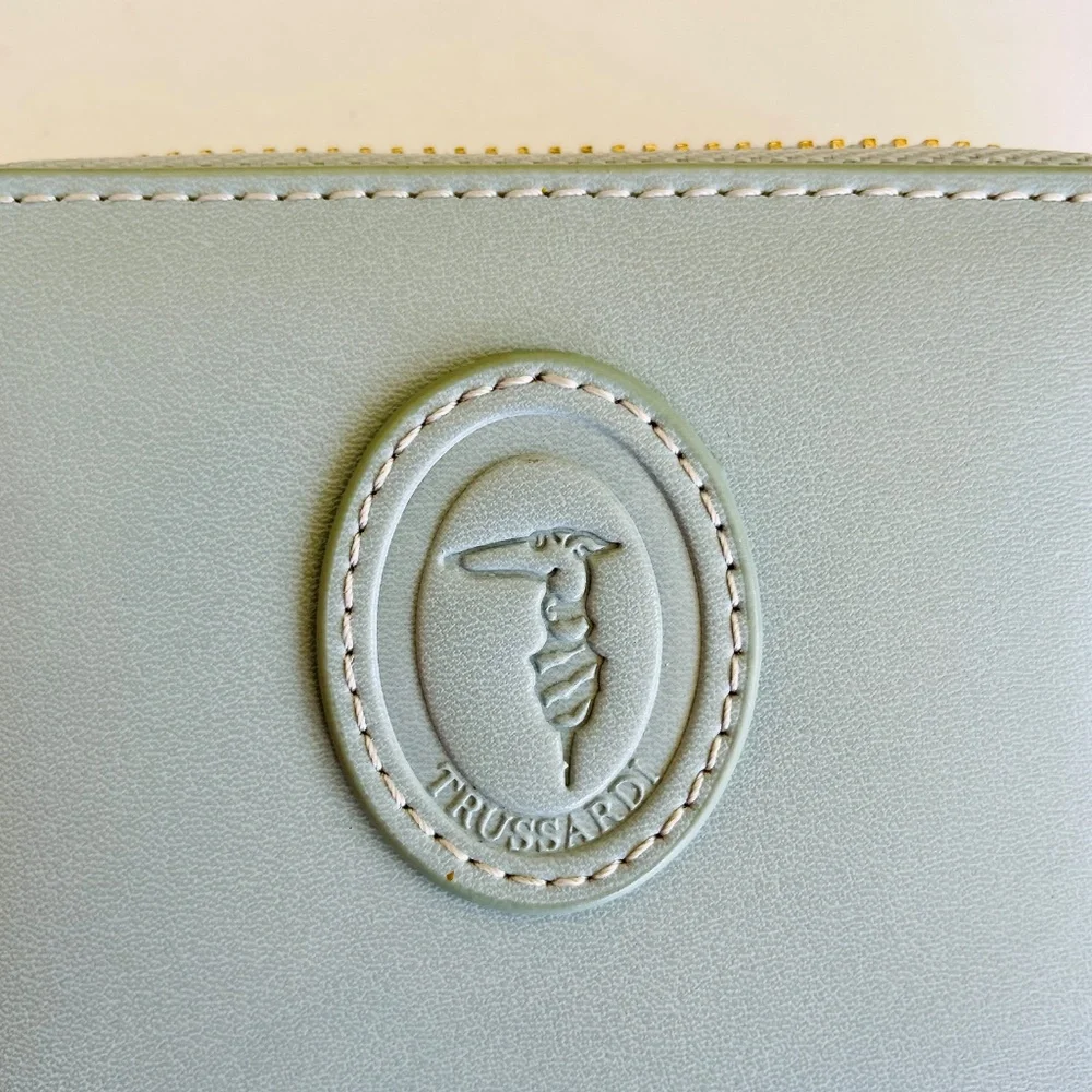 Trussardi Greyhound Logo Light Blue Leather Compact Zip Wallet with Box - Picture 15 of 15